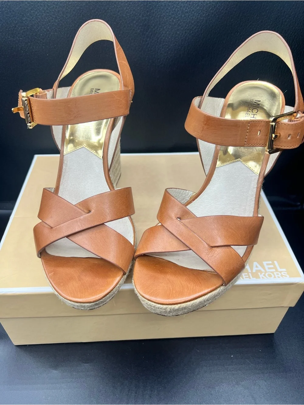 Michael Kors Cognac Leather Espadrille Wedge Sandals